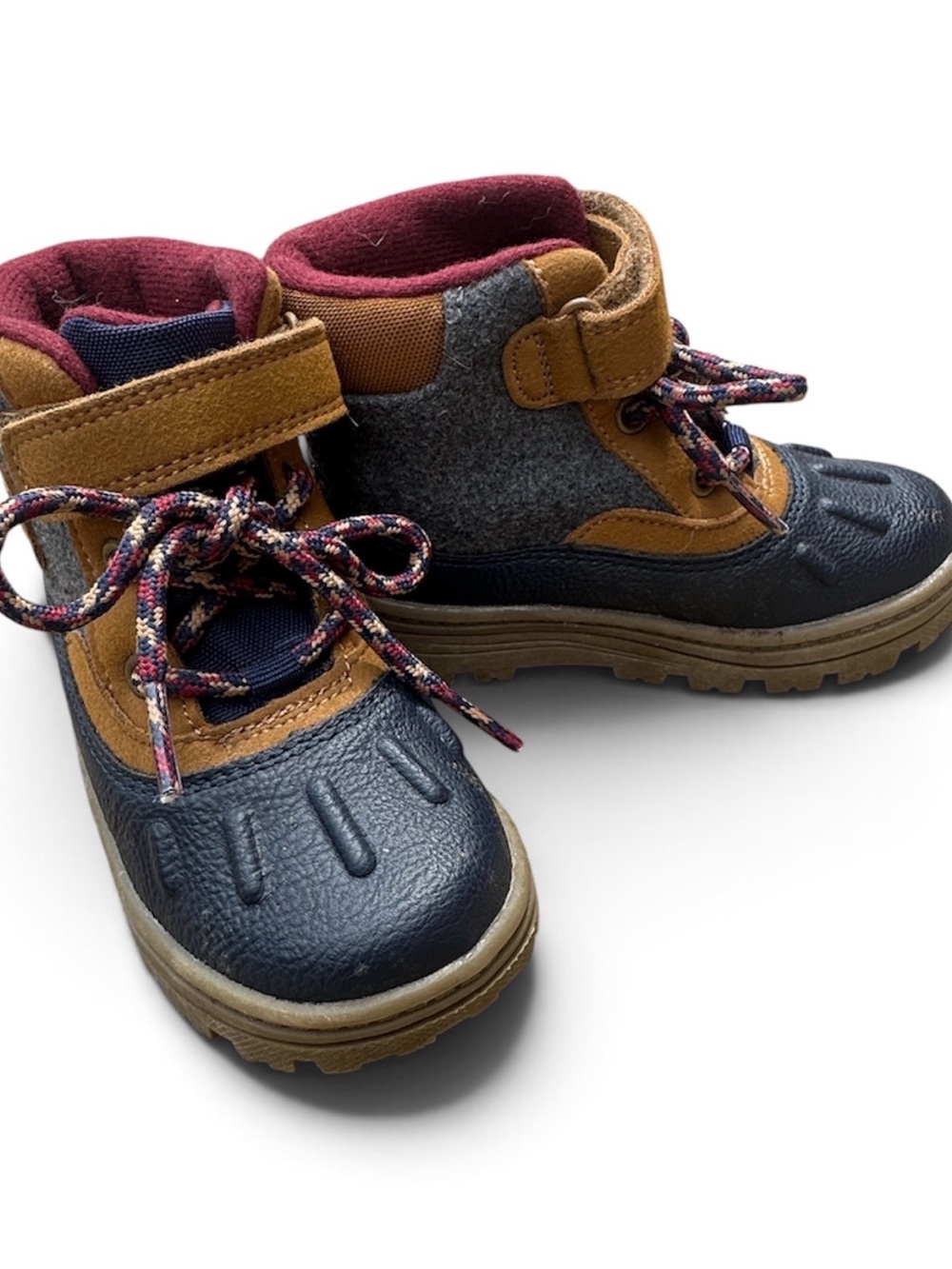Carters Navy and Tan Winter Boots with Burgundy Lining 8 M